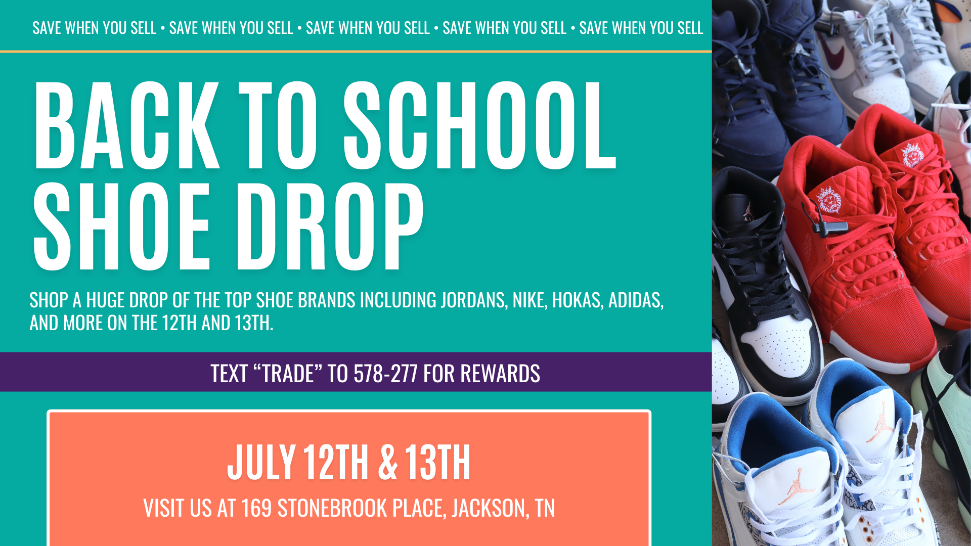 Display of name-brand sneakers at Plato’s Closet Jackson, including Nike, Jordan, Converse, and Adidas styles, arranged on shelves with a Back to School Shoe Drop sale sign promoting up to 70% off July 12–13.